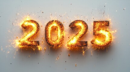 Sparkling 2025 text effect against a light grey background. Ideal for New Year's greetings or celebratory designs.