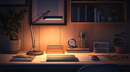 Sleek Desk Lamp Illuminating a Neatly Organized Workspace, Creating a Warm and Productive Environment for Evening Work Hours in a Modern Office Setting