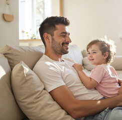 Portrait of father and daughter hugging on sofa at home in the sun