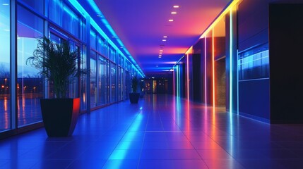 Fototapeta premium Neon-lit corridor, colorful walls, reflective floor.