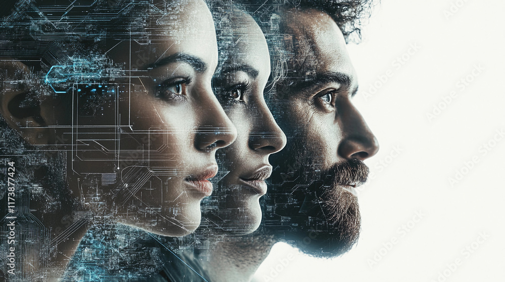 Poster profiles of three individuals with digital overlay of technology elements. generative ai