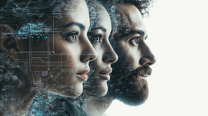 Profiles of three individuals with digital overlay of technology elements. Generative AI