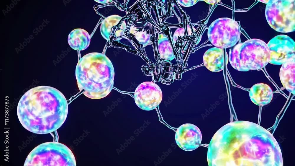 Poster exploring the intersection of technology and art with animated figures in colorful spheres