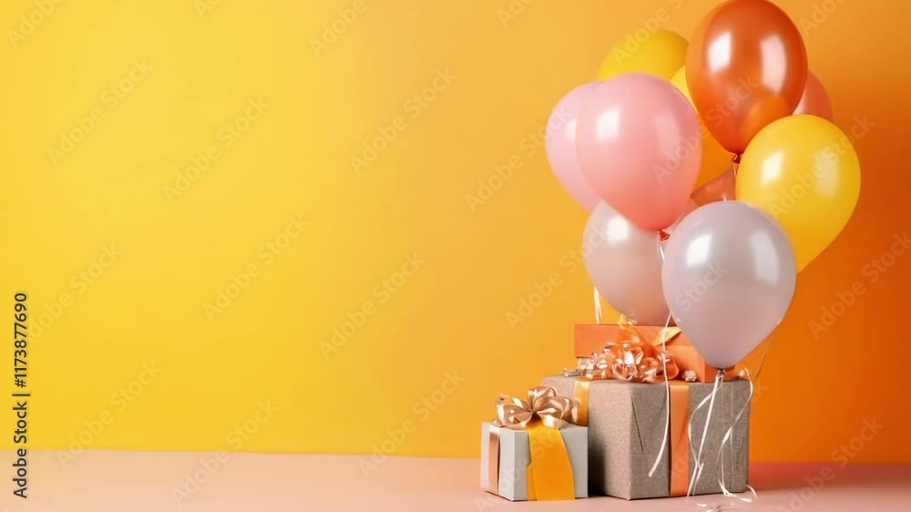 Poster brightly colored balloons float above a stack of beautifully wrapped gift boxes, creating a festive 