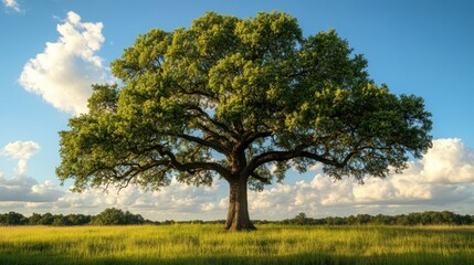 Obraz premium Majestic oak tree stands tall against a bright blue sky and fluffy clouds in a serene green meadow. Generative AI