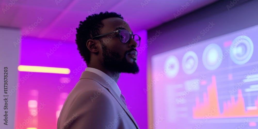 Poster a stylish man in a sleek suit stands confidently in a modern office. he gazes at a vibrant data disp