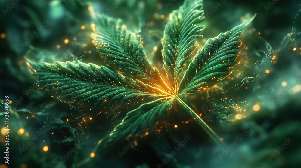 Aufkleber bright green leaf glimmers with golden magic in an enchanting forest during twilight hours. generati