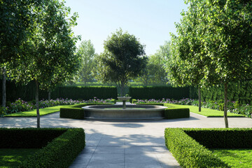Fototapeta premium Elegant formal garden with manicured hedges and a central fountain surrounded by trees, emphasizing symmetry