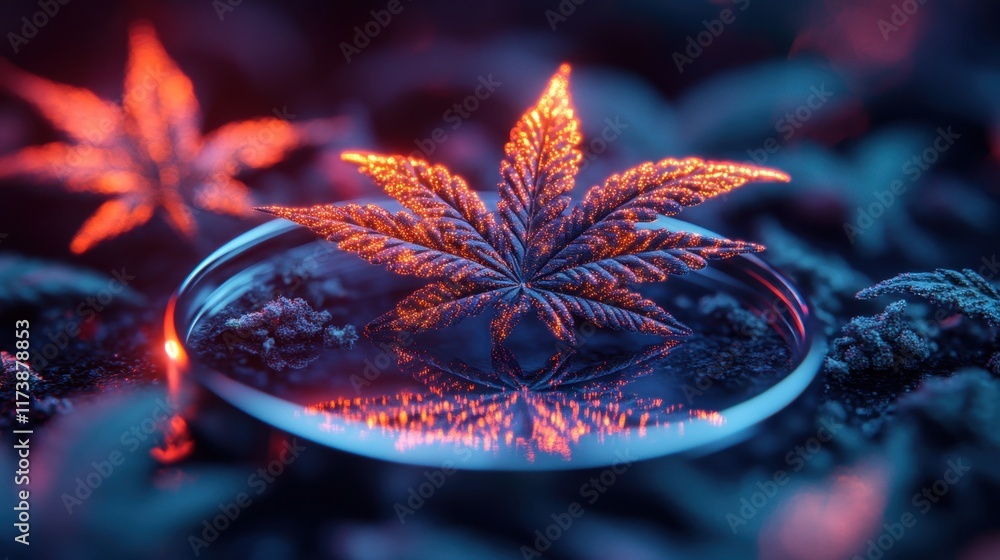Poster exploring the vibrant essence of nature through a glowing cannabis leaf resting on a reflective surf