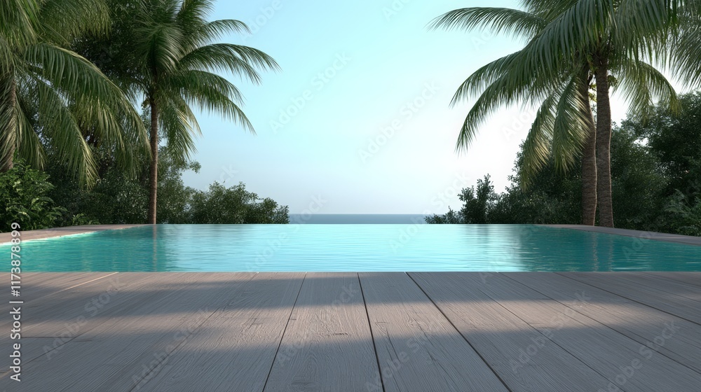 Poster luxurious infinity pool overlooking a tranquil tropical ocean, surrounded by lush palm trees and a s