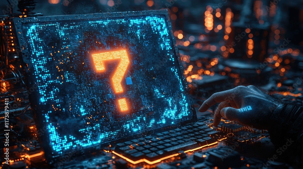 Poster glowing question mark on futuristic computer screen.