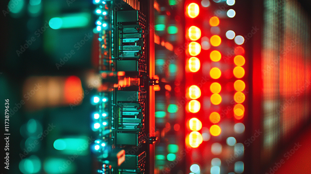 Poster servers display striking symmetry with colorful led lights in data center. generative ai