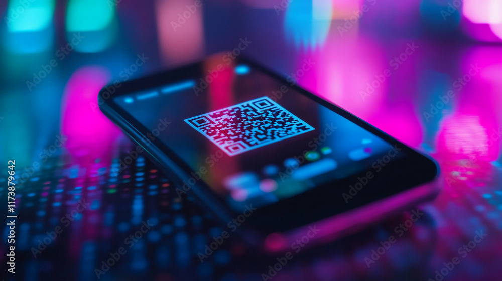Poster smartphone displaying a qr code in vibrant neon lighting. generative ai