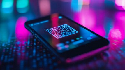 Smartphone displaying a QR code in vibrant neon lighting. Generative AI