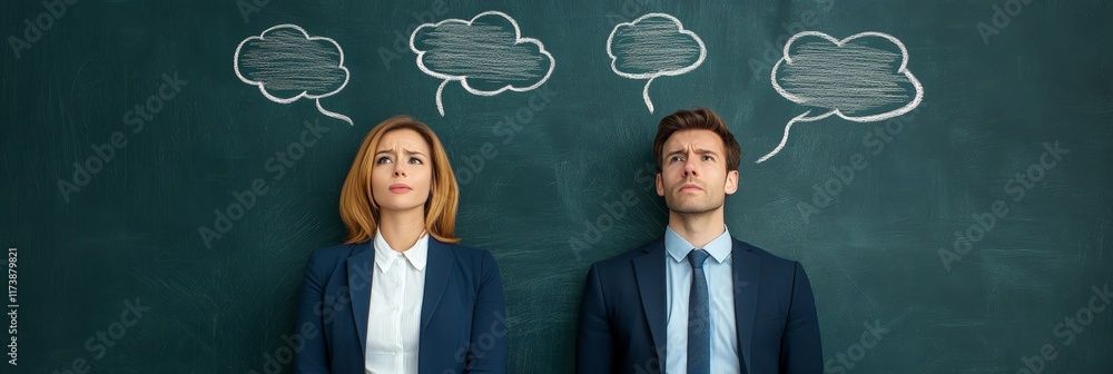 Poster two pensive businesspeople looking up with thought bubbles drawn on a chalkboard behind them, ponder