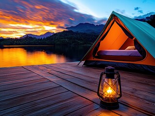 A serene camping scene by a lake at sunset, featuring a glowing lantern and a tent, surrounded by mountains and vibrant colors.