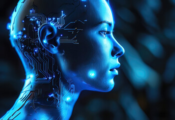 Obraz premium A close-up, profile view of a blue digital human head with glowing circuitry, set against a blue background and shot from a low angle.