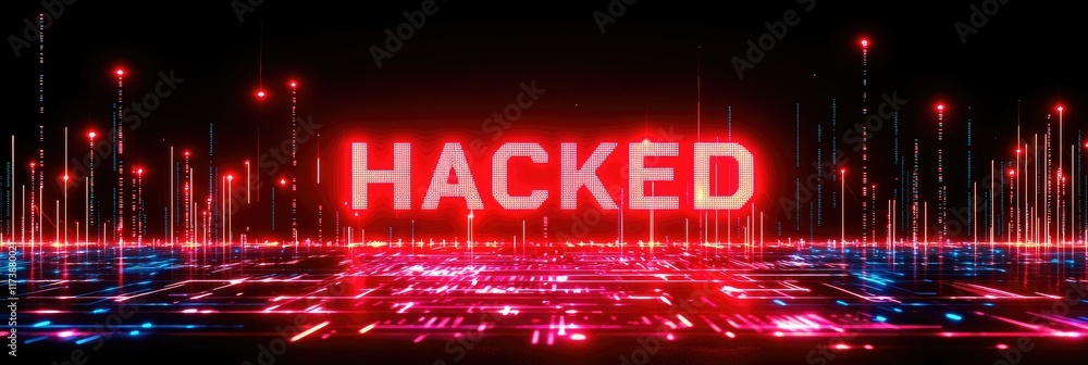 Poster glowing red 'hacked' text over futuristic digital circuit board background.