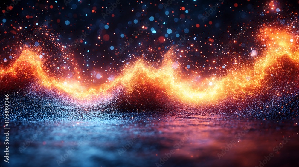 Poster abstract fiery wave with glowing particles and bokeh.