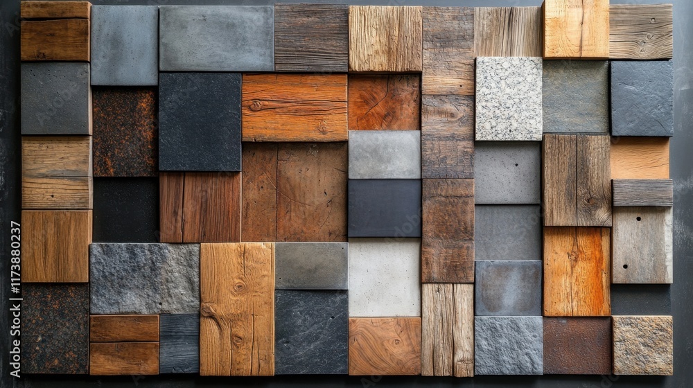Poster artful arrangement of textured materials showcases unique patterns and colors in a creative display 