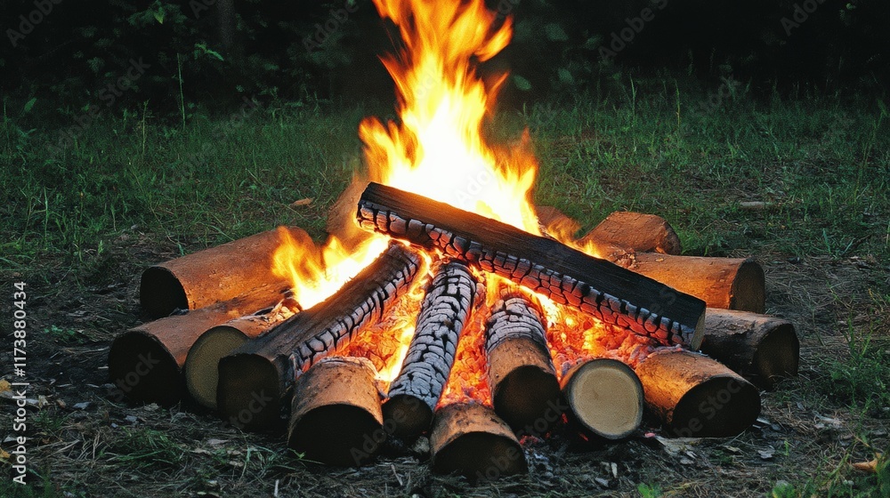 Poster Bonfire burning brightly with large flames and logs arranged in a circle on a grassy forest floor at dusk, creating a warm and inviting atmosphere
