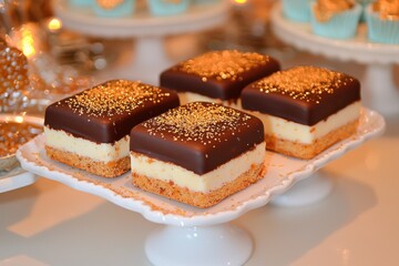 chocolate-covered biscotti with gold leaf and cute mini cake stands