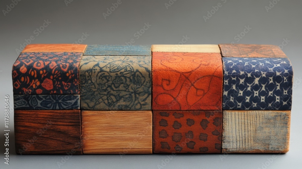 Poster discovering artistic patterns in handcrafted wooden blocks showcasing vibrant colors and intricate d