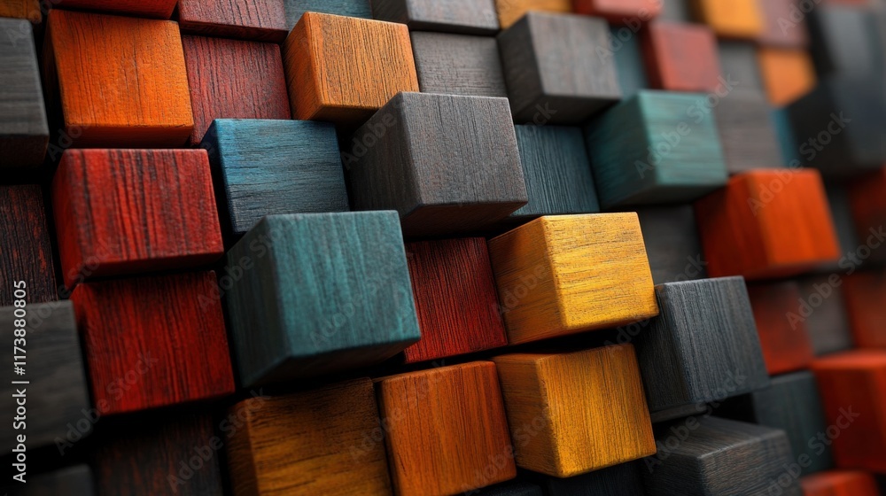 Poster creative arrangement of colorful wooden blocks showcases texture and depth in an artistic compositio