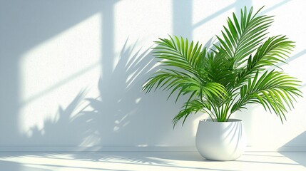 Obraz premium Sunlit palm plant in white pot against a white wall.