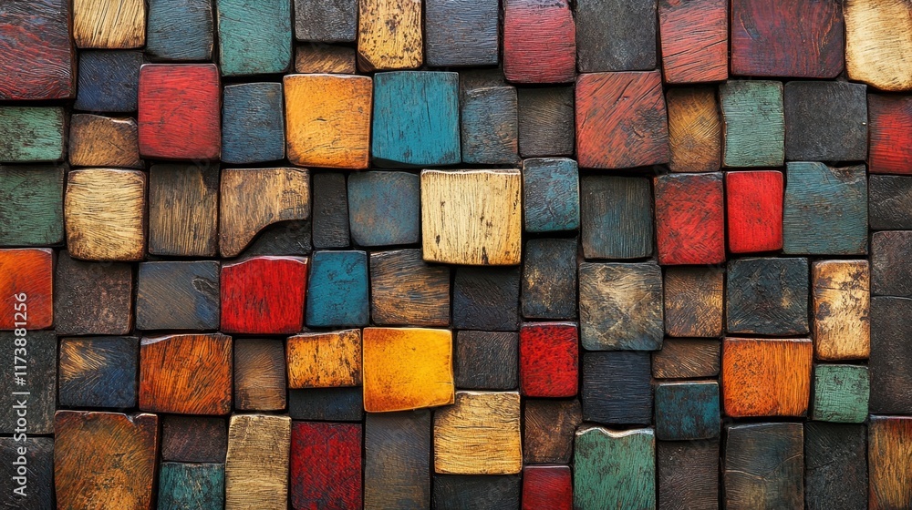 Poster vibrant assortment of rustic wooden blocks arranged artistically on textured surface for a unique vi