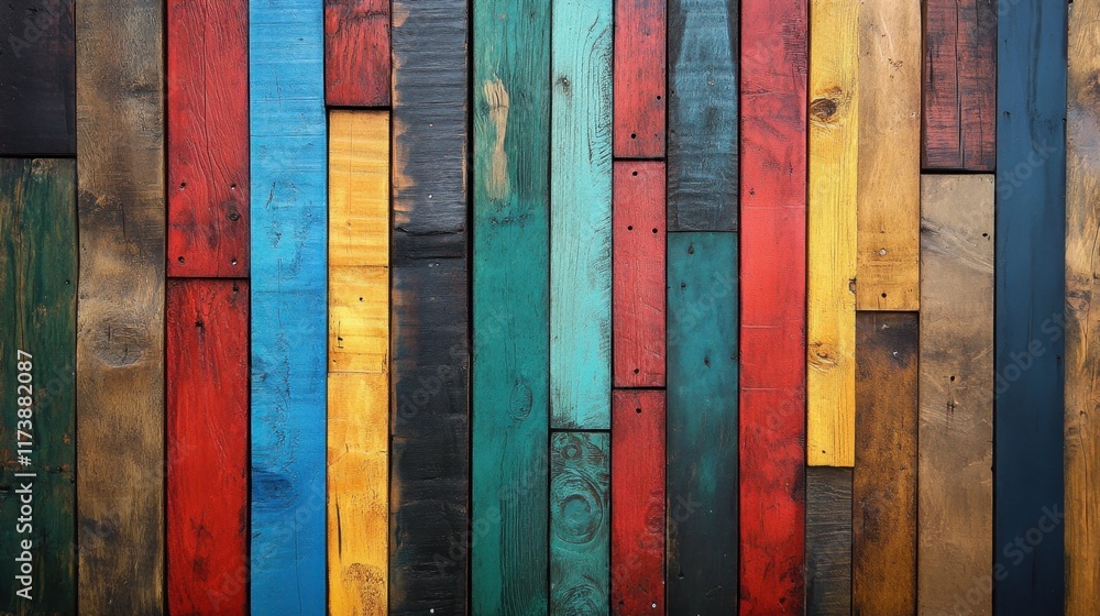 Poster colorful wooden planks create a vibrant backdrop for artistic expression and creativity in a studio 