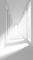 Obraz premium Bright, minimalist white hallway with light streaming through windows.