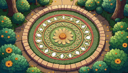 Fototapeta premium Floral mandala design in garden surrounded by greenery