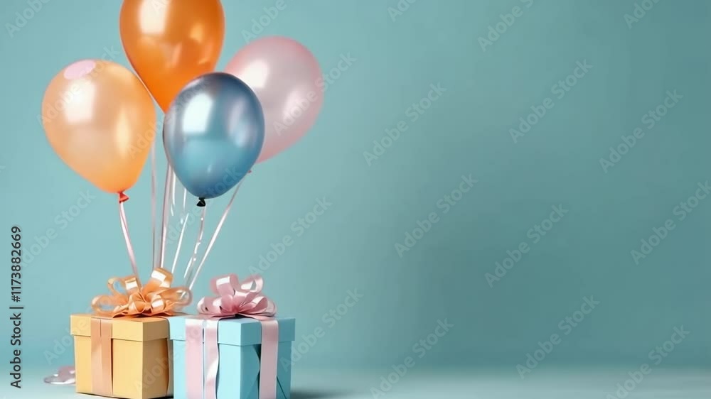 Aufkleber four colorful balloons floating above two gift boxes with pastel ribbons on a turquoise background c