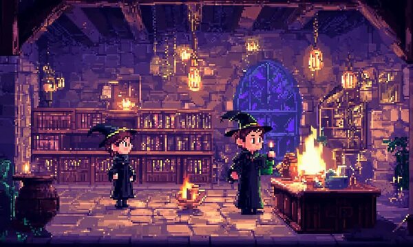 Two wizards in a cozy, magical library setting.
