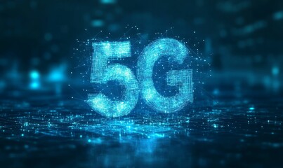 Glowing digital 5G network, abstract lines.