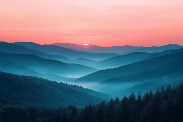 Obraz premium Photo réaliste d’un lever de soleil spectaculaire depuis un sommet, avec des teintes douces de rose et d’orange éclairant la vallée