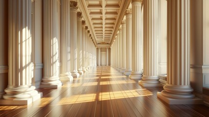 Fototapeta premium Sunlit classical colonnade interior with wooden floor.