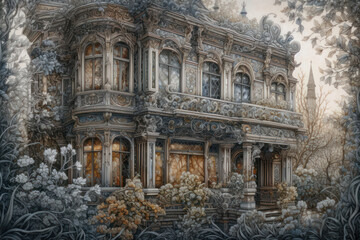 Fototapeta premium an old mansion with rich decor, surrounded by dense vegetation. 