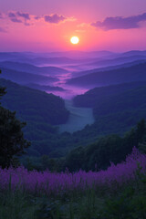 Obraz premium Photo réaliste d’un lever de soleil spectaculaire depuis un sommet, avec des teintes douces de rose et d’orange éclairant la vallée