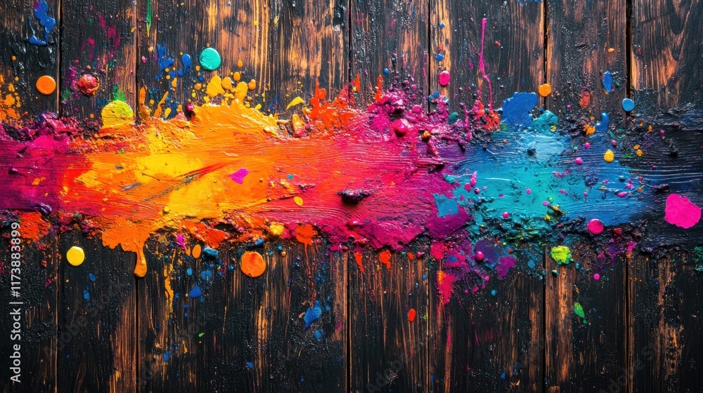Poster vibrant colors splashing across a rustic wooden surface create a lively artistic display of creativi