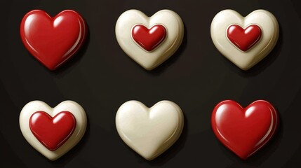 Six glossy red and white hearts in 3D style. Perfect for Valentine's Day, romance, love, or wedding-themed designs. Use for greeting cards, social media, or web graphics.