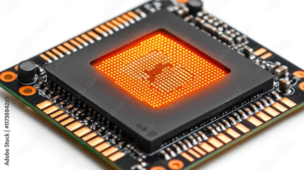 Poster a close-up of a computer chip glowing orange suggesting processing power. ideal for tech websites or