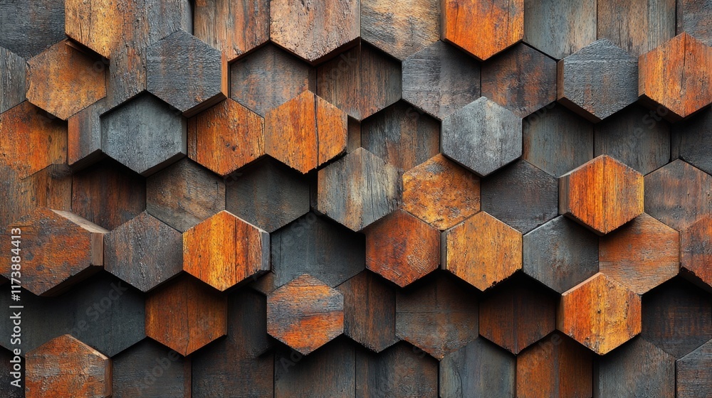 Poster Unique hexagonal wooden pattern showcasing rich textures and earthy tones in a modern artistic display. Generative AI