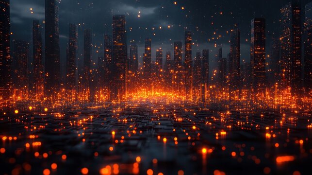 Futuristic cityscape at night with glowing orange lights. Ideal for sci-fi or cyberpunk backgrounds music visualizers and game design.
