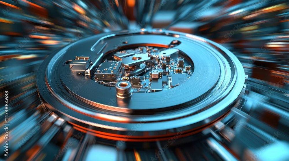 Poster a close-up of a spinning metallic disc with intricate circuitry. ideal for showcasing technological 