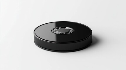 A sleek black puck-shaped device with a central dial. Potential applications include a smart home hub, portable speaker, or a unique design element.