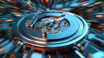 A close-up of a spinning metallic disc with intricate circuitry. Ideal for showcasing technological advancement or data processing in futuristic designs.