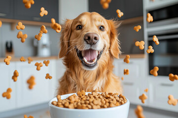 Joyful dog happily eating food with treats flying around in kitchen. golden retriever excitement is evident as it enjoys its meal