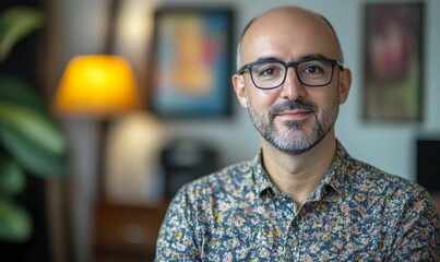 Obraz premium Balding man, glasses, floral shirt, neutral expression.